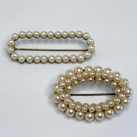 Estate Jewelry - Vintage Faux Pearl Brooch Pin Set Gold Silver Tone Oval Rectangle 2pc Estate